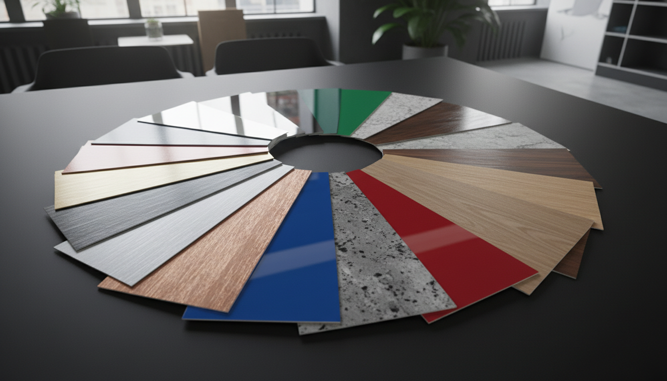 A vibrant array of architectural vinyl film samples displayed fan-like on a matte black designer table. Each sample showcases different finishes—brushed metallic, high-gloss, stone, and woodgrain—displaying rich color, texture, and reflectivity. The setting is a well-lit design studio with soft overhead spotlights, which enhance the textures and create dynamic highlights across the assortment. The composition uses a slightly angled, top-down perspective to provide a comprehensive view of the options. The overall mood is creative and inspiring, underscoring the versatility and innovative applications of vinyl for interior design professionals and clients alike, presented in a clean, modern, and visually engaging style.