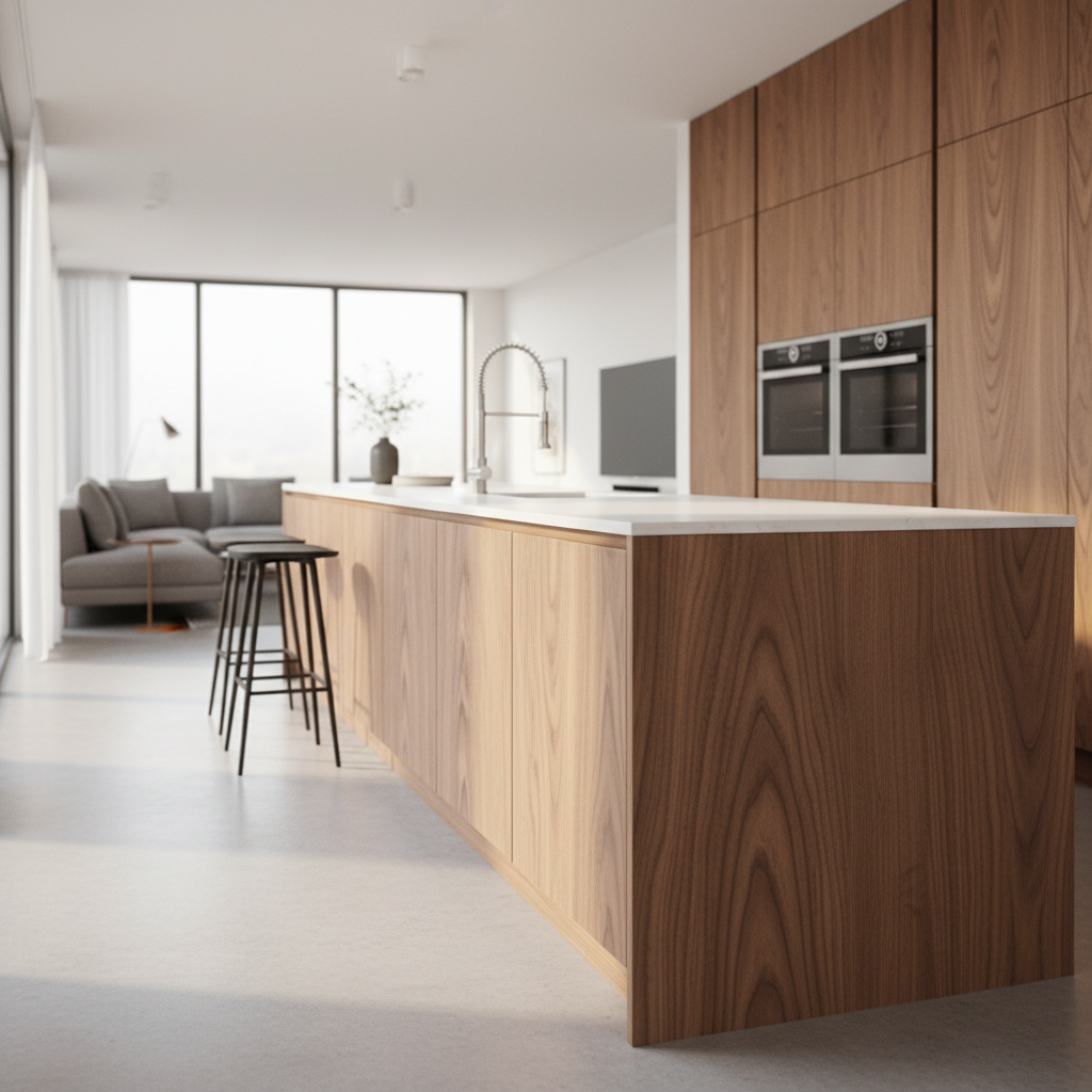 A richly textured wood-grain vinyl film applied to a set of contemporary kitchen cabinets, showcasing intricate grain patterns and warm, walnut tones. The cabinets are positioned in a stylish, open-concept kitchen environment with streamlined countertops and gleaming stainless steel fixtures. Soft afternoon sunlight filters through a nearby window, creating subtle highlights on the vinyl’s naturalistic texture and gentle shadow play along the cabinet edges. Captured at a slightly elevated angle, the image has sharp focus to highlight the vinyl’s detail and material authenticity. The mood is welcoming and sophisticated, with a clean, modern, and premium atmosphere, demonstrating the transformative power and elegance of architectural vinyl in residential settings.