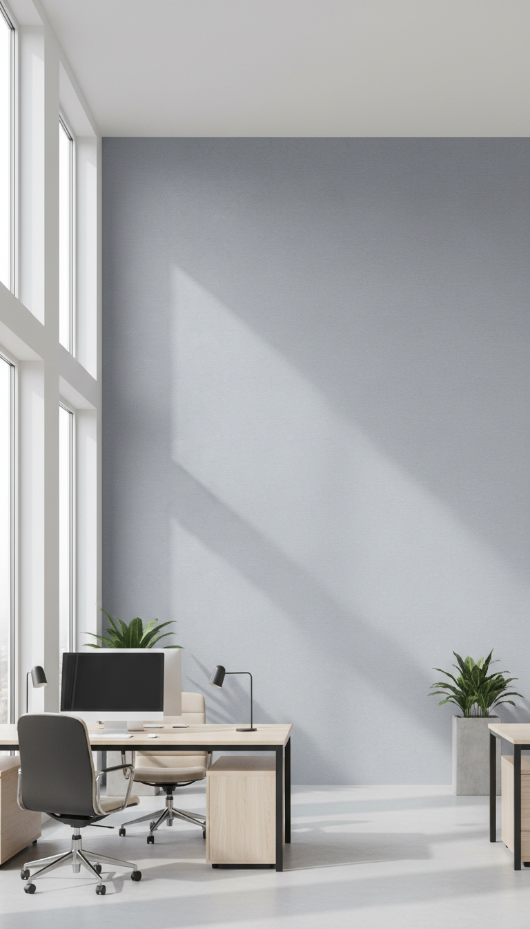 A sleek, contemporary wall surface finished in premium architectural vinyl with a subtle, matte texture. The vinyl is a soft, cool gray with extremely fine grain detail, seamlessly applied across a large, uninterrupted wall. This surface is set within a modern, open-plan office interior featuring minimalistic furniture in muted tones. Abundant natural light streams in through tall windows, casting gentle highlights and creating a serene yet invigorating atmosphere. The composition is shot from an eye-level perspective with clean, wide framing, emphasizing the refined surface transformation and spaciousness. The style is photographic realism, with a crisp, clean, and modern aesthetic that conveys durability, quality, and innovation—perfect for the brand’s message of transformative, non-invasive renovation.